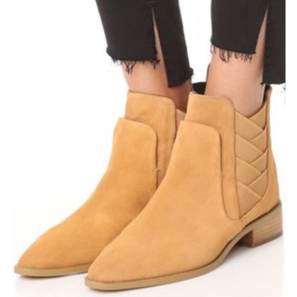 Rebecca Minkoff Jacy Chelsea Suede Ankle Boots Butterscotch Tan Camel- Size 8.5M - Picture 1 of 11